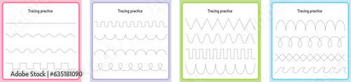 Preschool tracing worksheet for handwriting motor skills. Basic Tracing for kita kids.  Dashed shapes to trace. Hand-eye Coordination motor skills for children. tracing for kindergarten