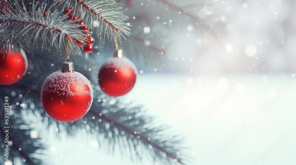 christmas and new year holidays concept. Red balls on fir branches, winter snowy backdrop. festive winter season background. template for design. banner, copy space Generative AI christmas and new year holidays concept. Red balls on fir branches, winter snowy backdrop. festive winter season background. template for design. banner, copy space Generative AI