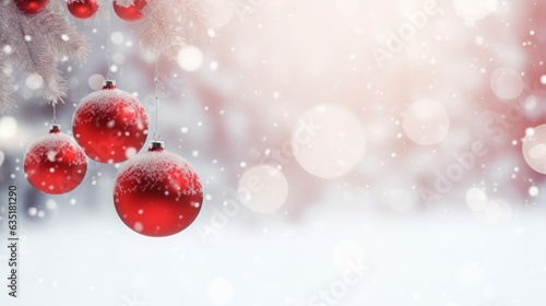 christmas and new year holidays concept. Red balls on fir branches, winter snowy backdrop. festive winter season background. template for design. banner, copy space Generative AI