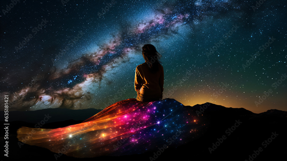 A person sitting on top of a mountain under a star-filled night sky Generative Ai
