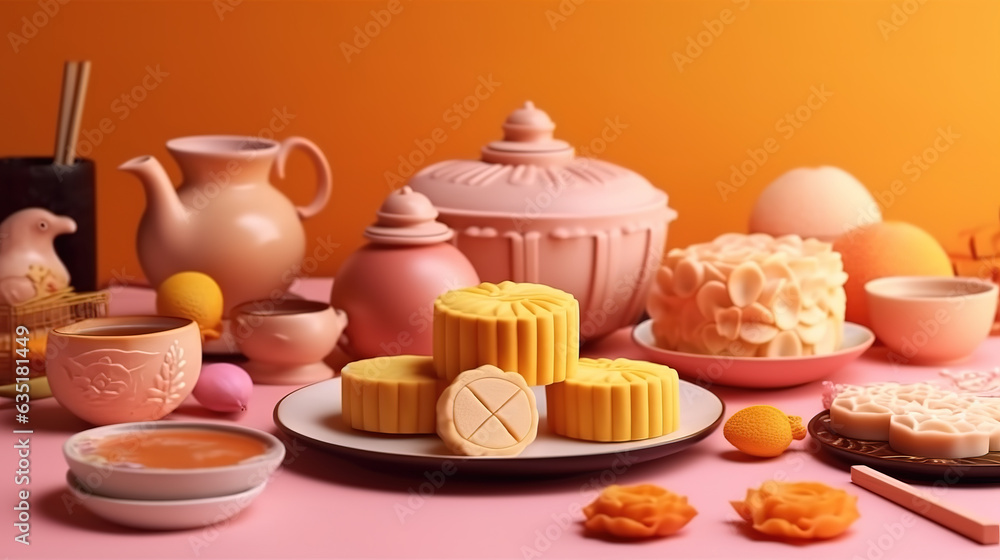 Sweet color of snow skin mooncake. Traditional mid autumn festival foods. Generative Ai Sweet color of snow skin mooncake. Traditional mid autumn festival foods. Generative Ai