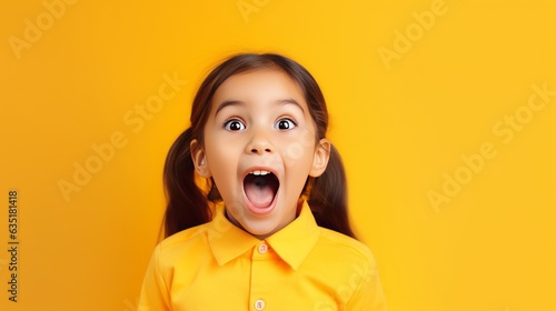 Portrait of happy excited amazed open mouth kid child girl look in copyspace isolated on yellow color background Generative AI