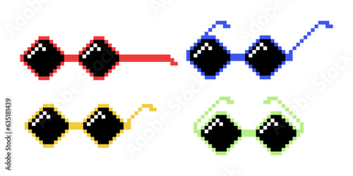 Vector Black and White Pixel Boss Glasses Icon Set in 8 bit Retro Style. Summer Meme Game Thug Design, Mafia Gangster Funky Sunglasses. Rap Music Design Element