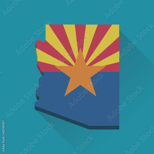 3D flat design map of the US state of Arizona in the colors of the Arizona flag on a blue background with shadow photo