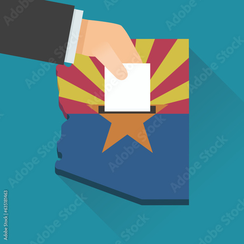 3D flat design map of the US state of Arizona in the colors of the Arizona flag with a hand dropping a ballot on a blue background with shadow
