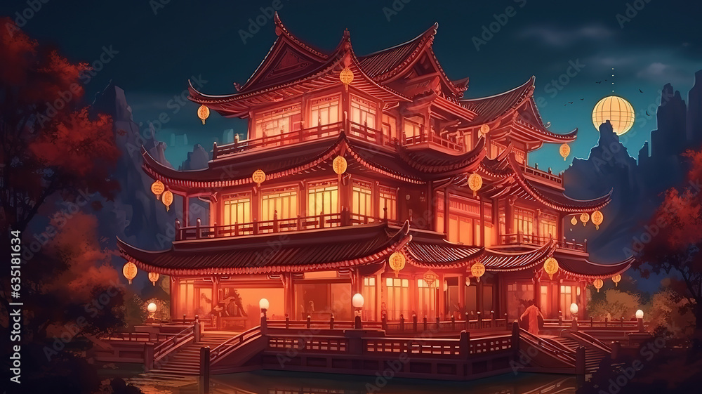 traditional chinese lanterns display in temple illuminated for chinese new year festival. Generative Ai