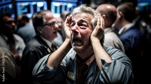 Stressed employee of the stock exchange, bank. Sres, overwork, stock market crash. Generative AI.