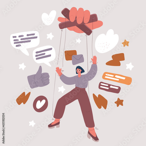 Vector illustration of woman hand, female puppeteer controls puppet, doll