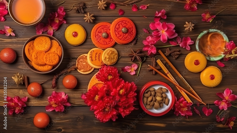 New year fortune cookies and flowers,Chinese new year concept with fortune cookies. Generative Ai New year fortune cookies and flowers,Chinese new year concept with fortune cookies. Generative Ai