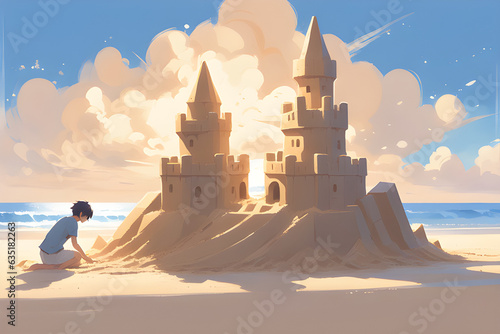 a boy making castle in the sand, Generative AI