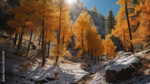 Beautiful shot of a small river flowing through a snowy forest with pine trees during the day. Generative Ai