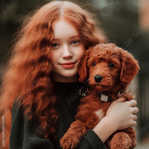 Young woman with red curly long hair holds poodle dog in her arms close up portret. Owner and pet are similar  photo