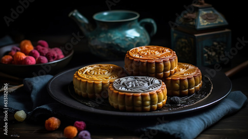 Mid-autumn festival traditional food concept mung bean cake. Generative Ai