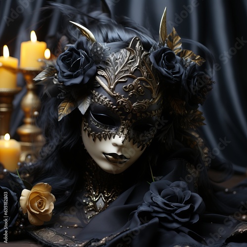 Gothic carnival mask with bright elements. Decor to hide the face, the mystery of what is happening, incognito guests. Concept: Masquerade party celebration.