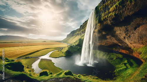 Perfect view of powerful Seljalandsfoss waterfall in sunlight Location place Iceland. Generative Ai