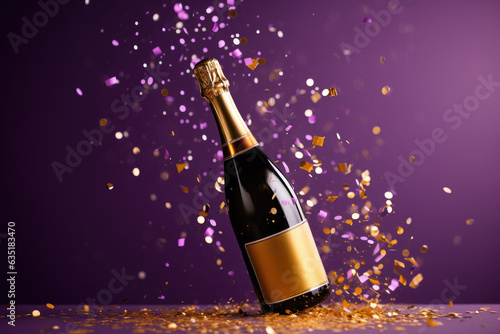 Champagne bottle with gold confetti stars on purple  background. Party and festive scene. Christmas, New Year, birthday or wedding celebration.