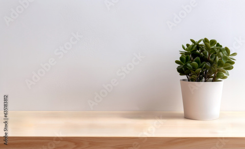 Wallpaper Mural Vibrant green plant in a white pot stands on a empty wooden shelf with minimalist room and white wall background. High quality photo Torontodigital.ca