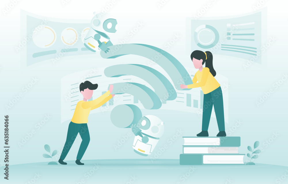 Business ideas and artificial intelligence (AI) technology concept. Collaboration between ai robot and business people. Wifi technology, network and connection. Flat vector design illustration. Business ideas and artificial intelligence (AI) technology concept. Collaboration between ai robot and business people. Wifi technology, network and connection. Flat vector design illustration.