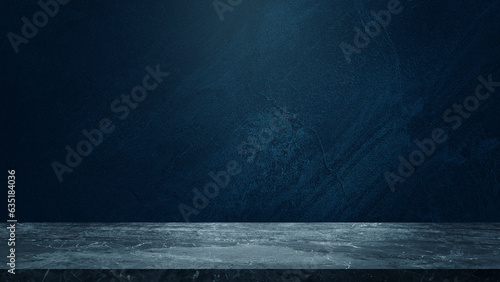 empty marble table at foreground and cement stone at background with blue light from above for product displayed in rustic mood. blue backdrop. abstract background for product stand for advertising.