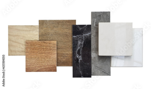 Print op canvas combination of interior material samples including wooden ceramic floor tiles, luxury marble stones, elegance artificial stone tiles isolated on background with clipping path