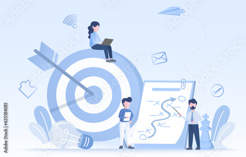 Business ideas concept. Business people meeting and discussing to achieve goals. Planning, brainstorming, management, improvement, development. Flat vector design illustration.