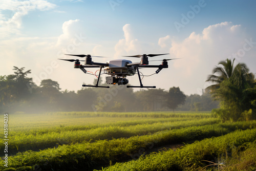 Generative Ai illustration of Drone flying and spraying crop fields with ecological and sustainable pesticides