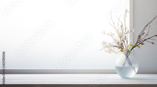 In a sunlit room, white wooden table by a large window showcases a striking vase filled with vibrant flowers. High quality photo © oksa_studio
