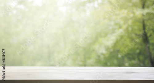White wooden table stands with blurred a serene forest background. High quality photo