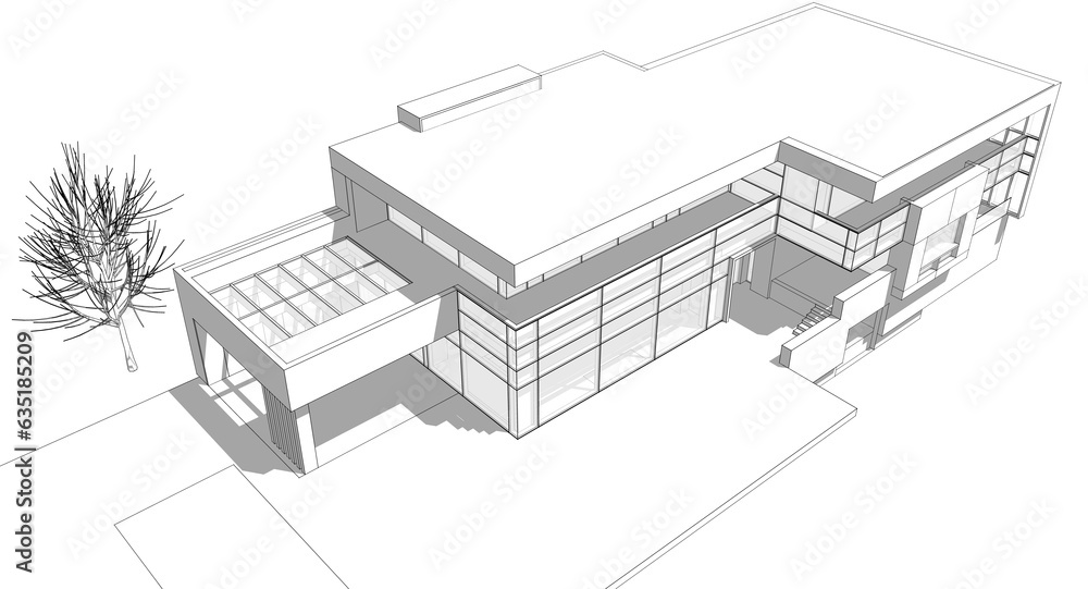 Architectural drawing of modern house 3d rendering