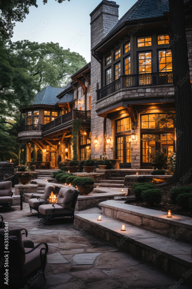The night backyard of mansion. Generative AI The night backyard of mansion. Generative AI