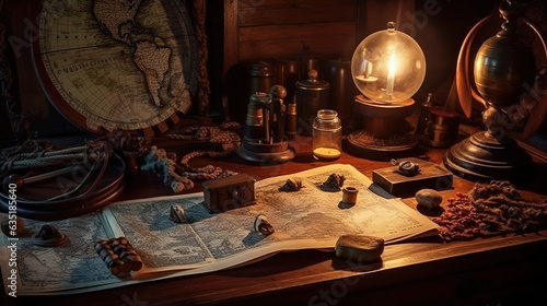 Columbus day. The concept of adventure and treasure hunting. an old map of pirate treasures. Generative Ai