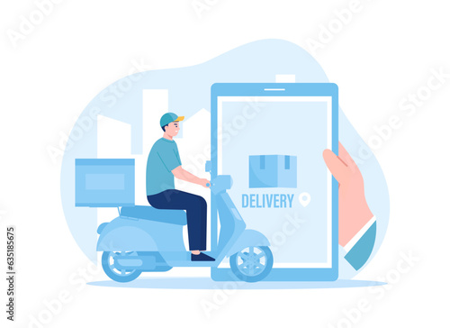 Couriers deliver orders using scooters, delivery service concept flat illustration