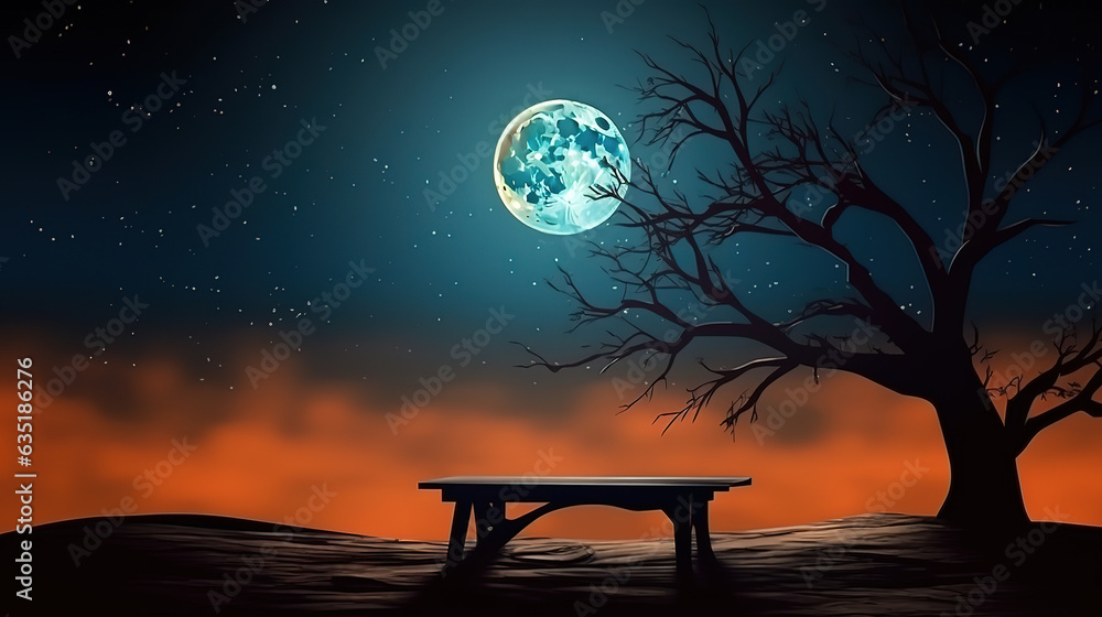 Old wood table and silhouette dead tree at night for Halloween background. Generative Ai