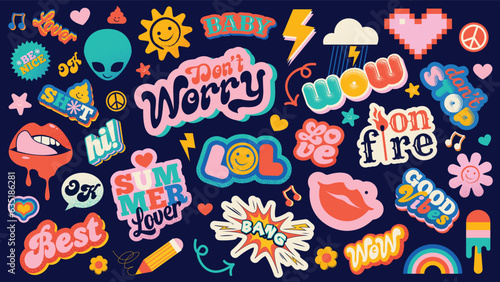 Sticker Pack Collection. 80s and 90s vintage pins. Set of cool patches vector design. Abstract retro badges. Love, lips, bang, fire, lol, flash, best, wow,hi. 