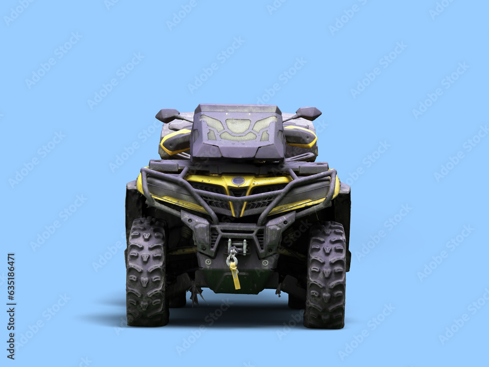 Fototapeta premium Four quad yellow bike front side view 3d render on blue