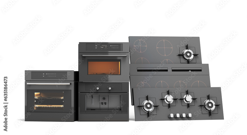 Obraz premium built-in electric and gas cooking surfaces and ovens 3d render on white
