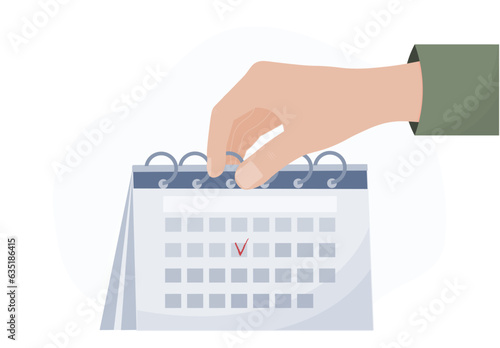 Hand with calendar, planning date in calendar, personal organizer concept, flat vector illustration