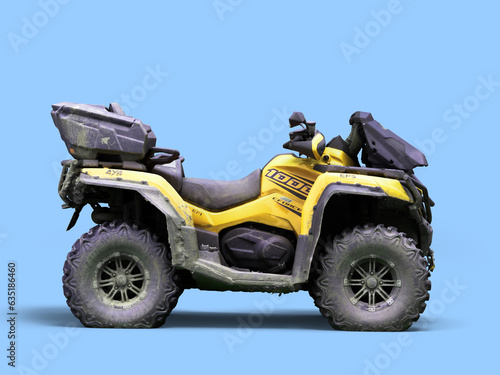 Four quad yellow bike right side view 3d render on blue