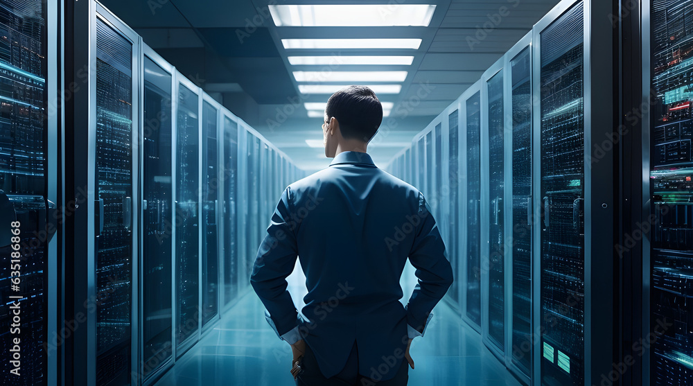 IT Engineer in big database server center office. Big cloud data center computer networking server room with racks of hardware. High Speed Data Transfer, Server Transfer, Technology. Generative AI IT Engineer in big database server center office. Big cloud data center computer networking server room with racks of hardware. High Speed Data Transfer, Server Transfer, Technology. Generative AI