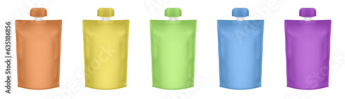 Set of orange, yellow, green, blue and purple spouted poucher. Fruit puree in a doy pack. Juice in a plastic bag. Flexible doypack with cap. Baby food pack