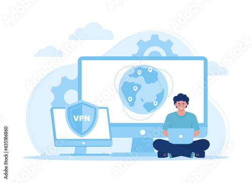 VPN service to protect data in computer and smartphone concept flat illustration