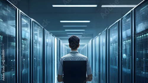 IT Engineer in big database server center office. Big cloud data center computer networking server room with racks of hardware. High Speed Data Transfer, Server Transfer, Technology. Generative AI  photo