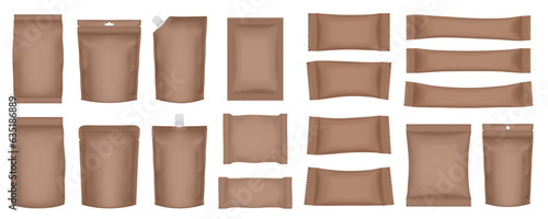 Set of realistic pouch mockups. Brown flow pack, sachet, zip bag and doypack. Ice cream wrapper. Sheet mask sachet. Soap or wet wipes packaging. Sugar stick