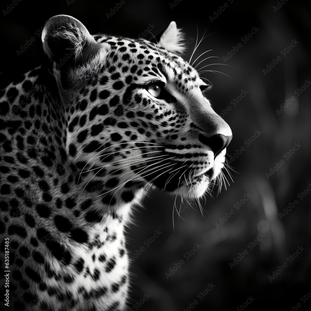 Fototapeta premium A black and white shot of a majestic leopard Generative Ai