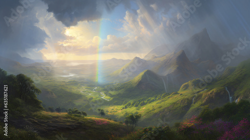 Concept art of a beautiful forest landscape with a rainbow in the sky Generative Ai