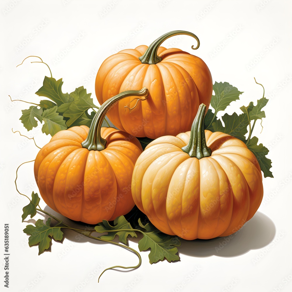 Obraz premium pumpkin watercolor set. Hand drawn illustration. Ripe orange, green, yellow pumpkins elements. Farm organic autumn vegetables. White background, AI generated