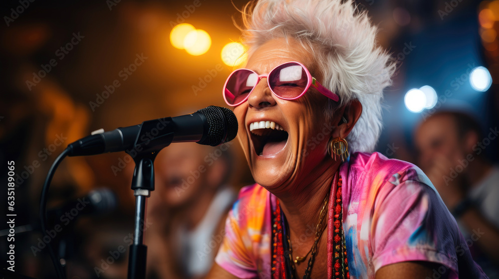 Elderly funny woman in the crowd with drums in rock concert joyful and crazy expressive. Generative AI Elderly funny woman in the crowd with drums in rock concert joyful and crazy expressive. Generative AI