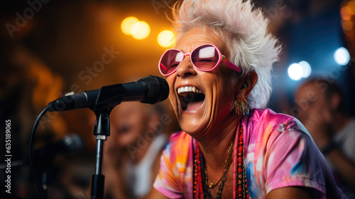 Elderly funny woman in the crowd with drums in rock concert joyful and crazy expressive. Generative AI