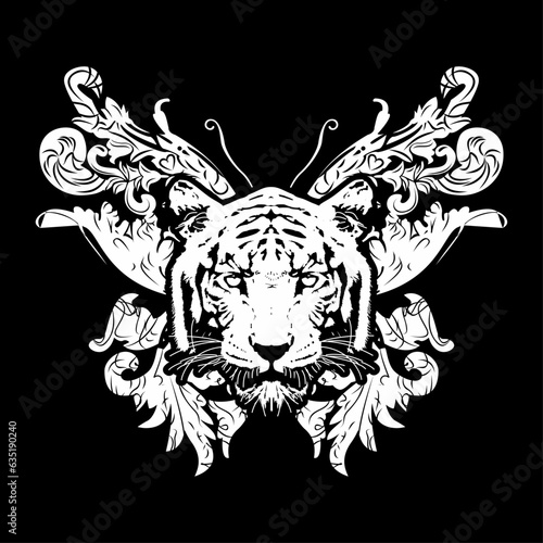 tiger face and butterfly design for t-shirt on a black background.