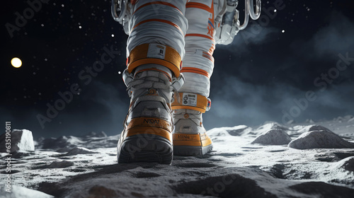 Obraz na płótnie Close up of feet wearing astronaut boots, moonwalk. Generative AI